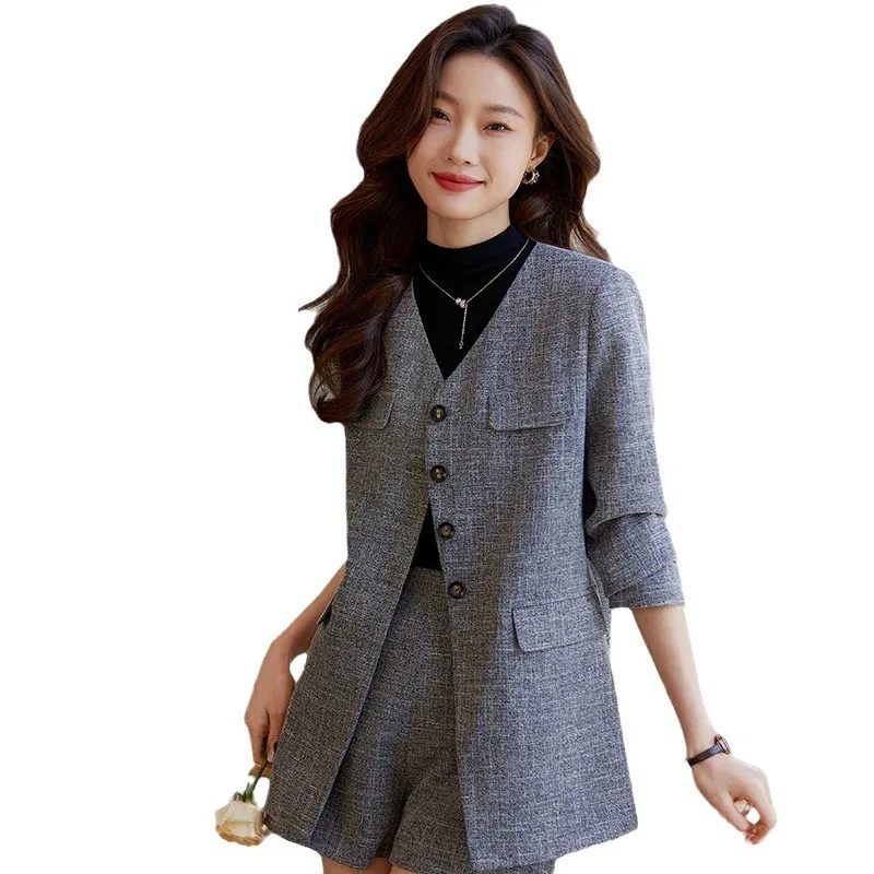 Collarless Suit Jacket for Women Spring and Autumn New Casual High Sense Elegant Outfit Suit Shorts Two-Piece Suit