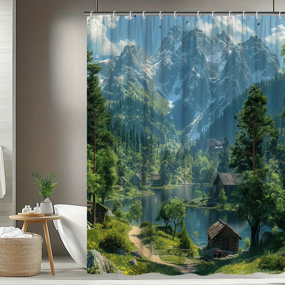 

1 шт., занавеска для душа с горным пейзажем, занавеска для душа с природным пейзажем, полиэфирная ткань, украшение для ванной комнаты, содержит 12 крючков 70 шт.