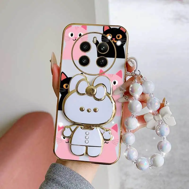 

For Realme 12 ProPlus/13 Pro Plus/14 Pro Plus/12/12 Lite/12Pro 3pcs( Lovely Heart Phone Case+Lanyard+Rabbit Stand) Phone Case