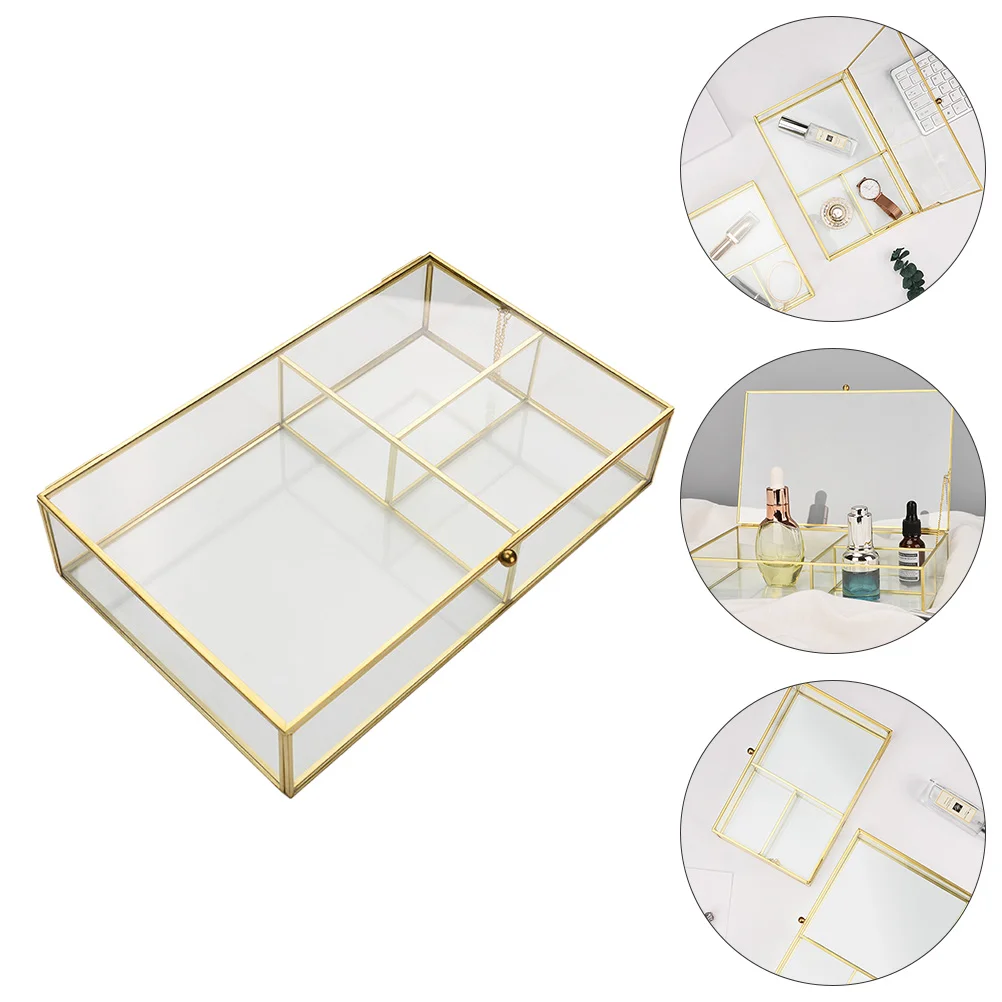 Desktop Storage Box Dresser Jewelry Boxes Case Shelf Glass Brass Holder Container