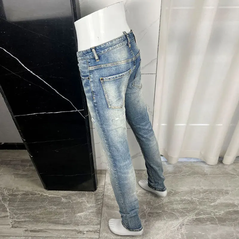 Light Blue Y2K Street Fashion Stretch Slim Fit Jeans Hip-Hop Designer Painted Pants Worn-look Scratch Detailing Male
