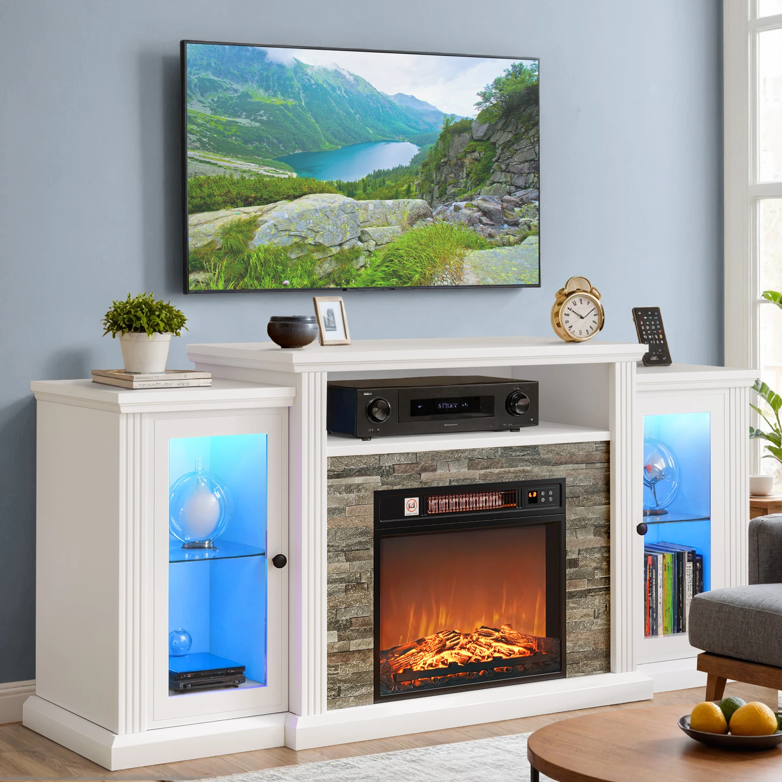 

TV Stand Cabinet for 70 in TVs w/ Open Closed Shelves Power Outlets LED Lights