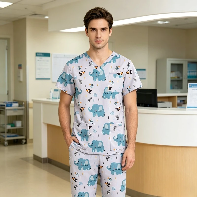 Printed V-neck Hand Wash Suit Set, Unisex Medical Workwear, Suitable for Use in Beauty Salons, Spas, and Nursing Facilities