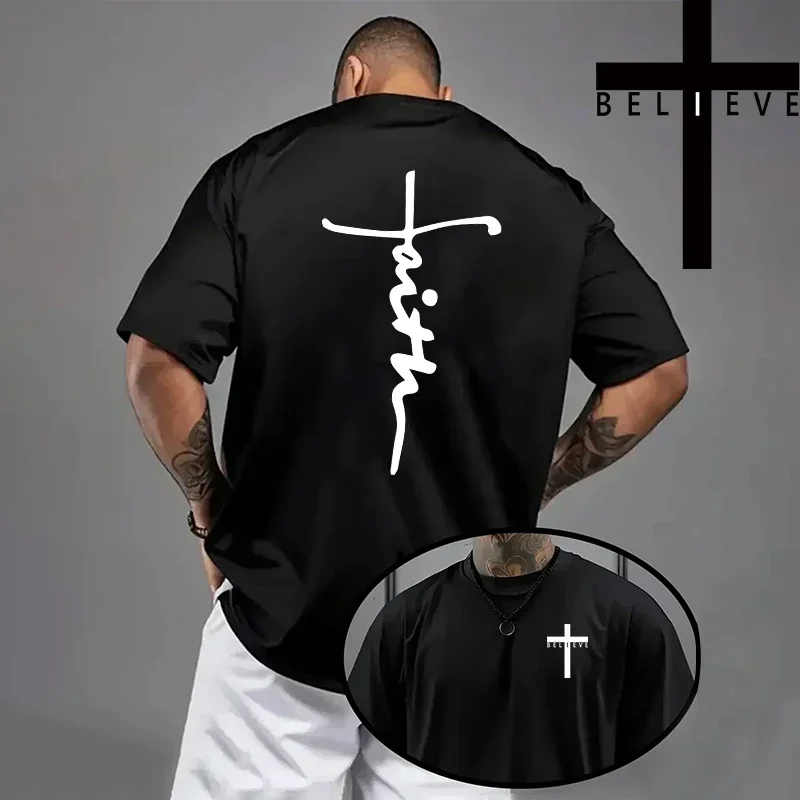 Herren-T-Shirt mit christlichem Jesus-Kreuz-Design, hochwertige Baumwolle, kurzärmelig, Frühling/Sommer, lässiges Mode-Oberteil, einfarbig. – Detail 7