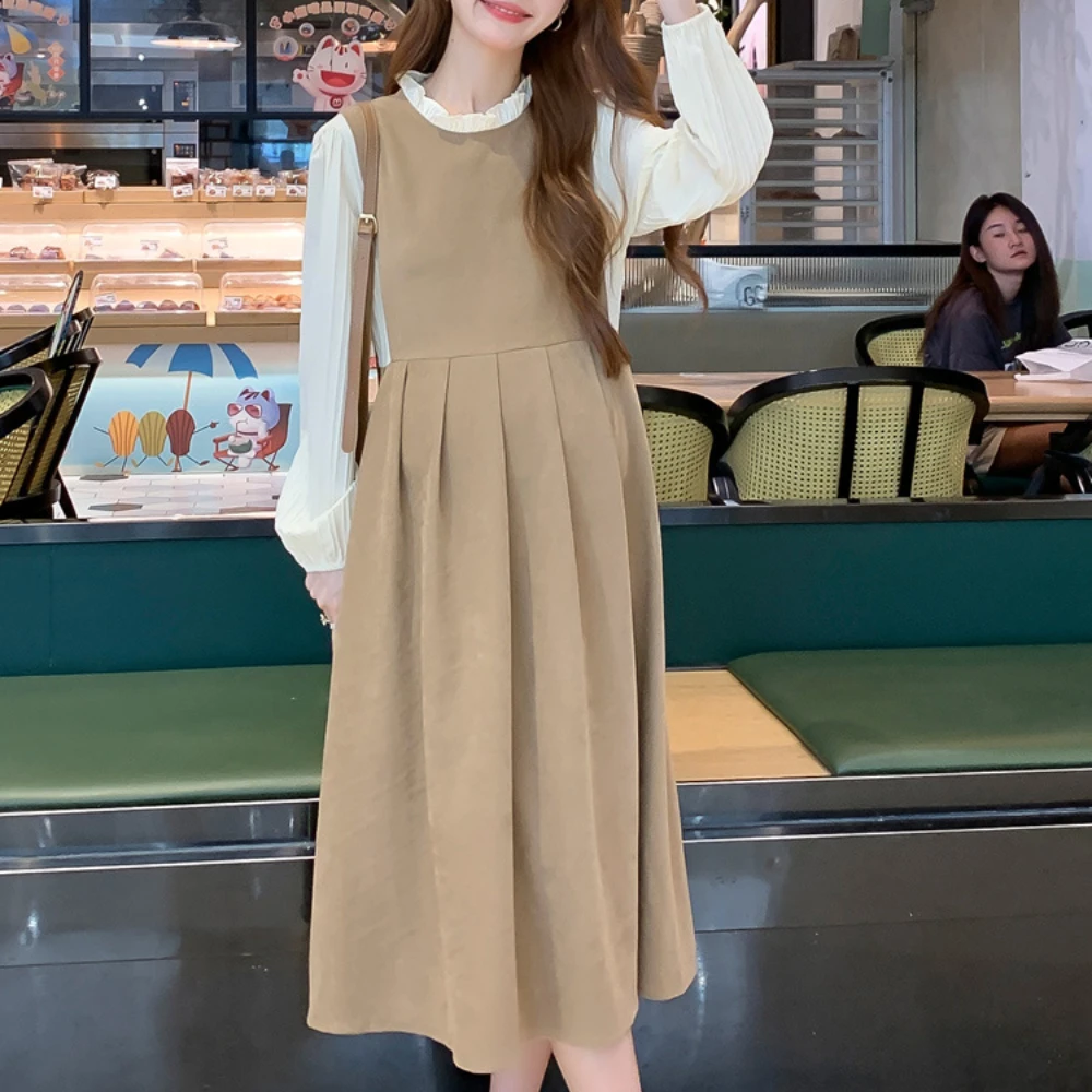 Korean Style Maternity Dress Long Sleeve O-neck Stretched Pregnant Woman Clothes pregnancy photoshoot Dress Autumn vestidos