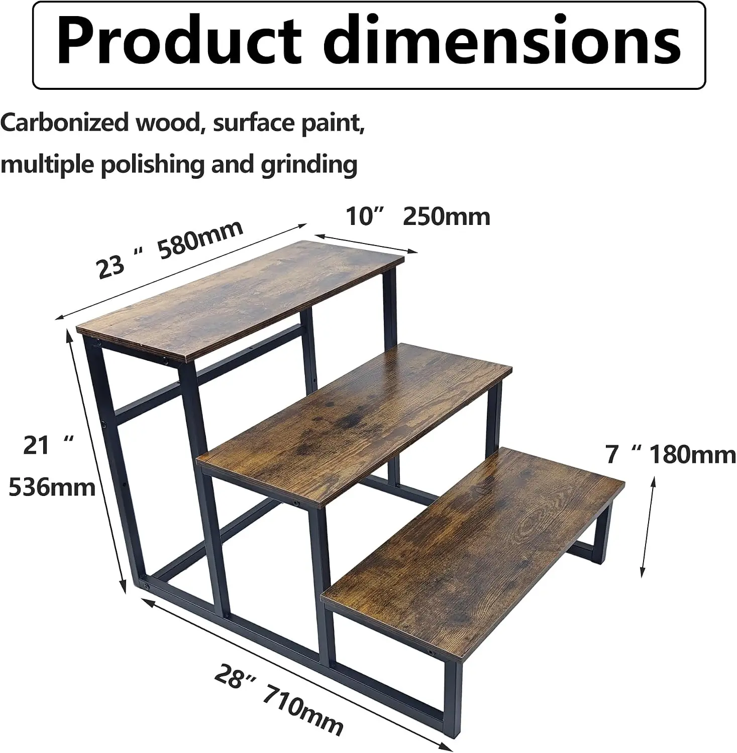 Carbonized Wood Step Ladder With Handrail, Heavy Duty 3 Step Porch Stairs For Hot Tub And Outdoor Deck, Stable Household Underground Garage Steps, Multifunctional Storage Display Plant Stand, Brown view 2
