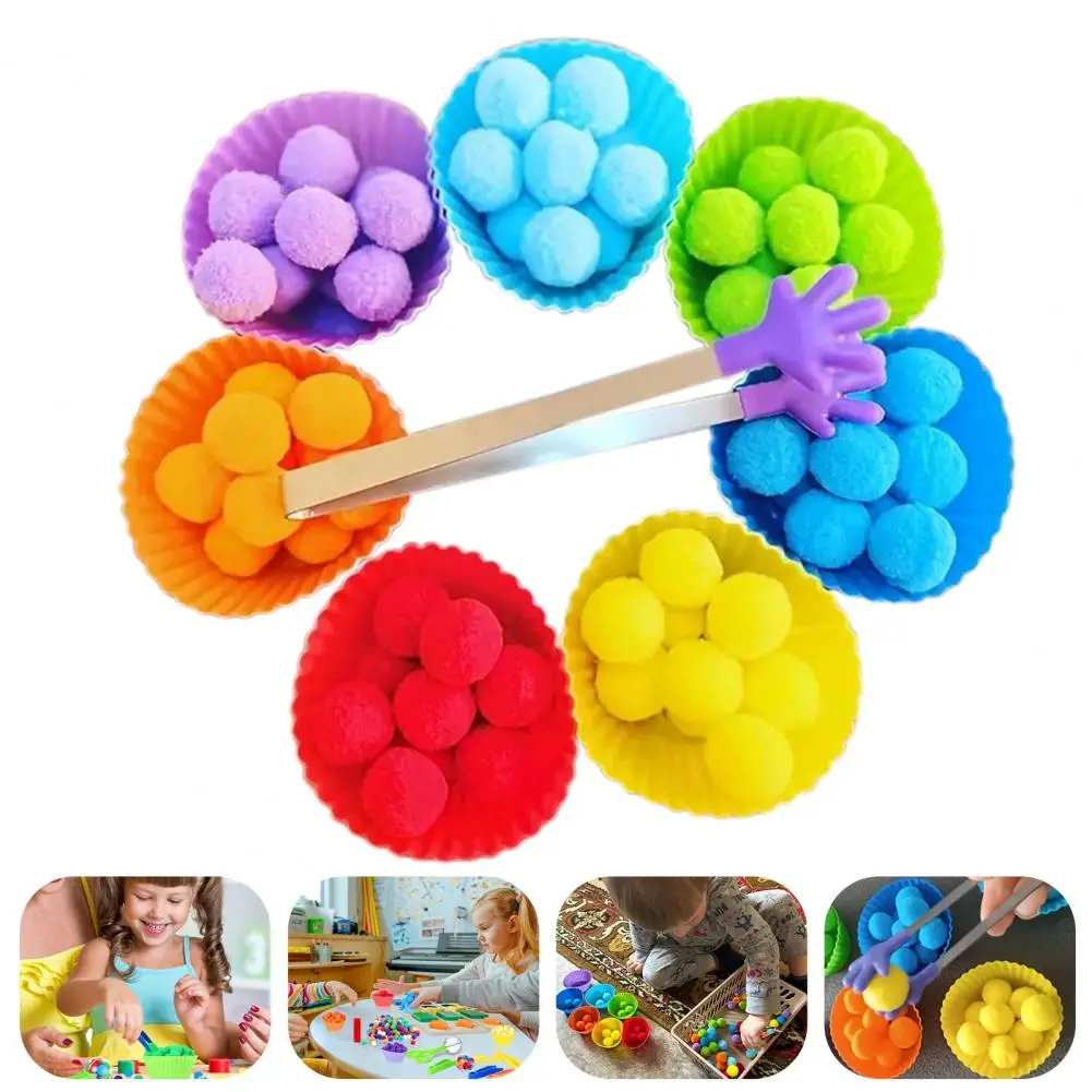 Kids Color Sorting Toy with 7 Bowls 70 Pompoms Clip Ball Counting Matching Game Educational Color Classification Cup Toy