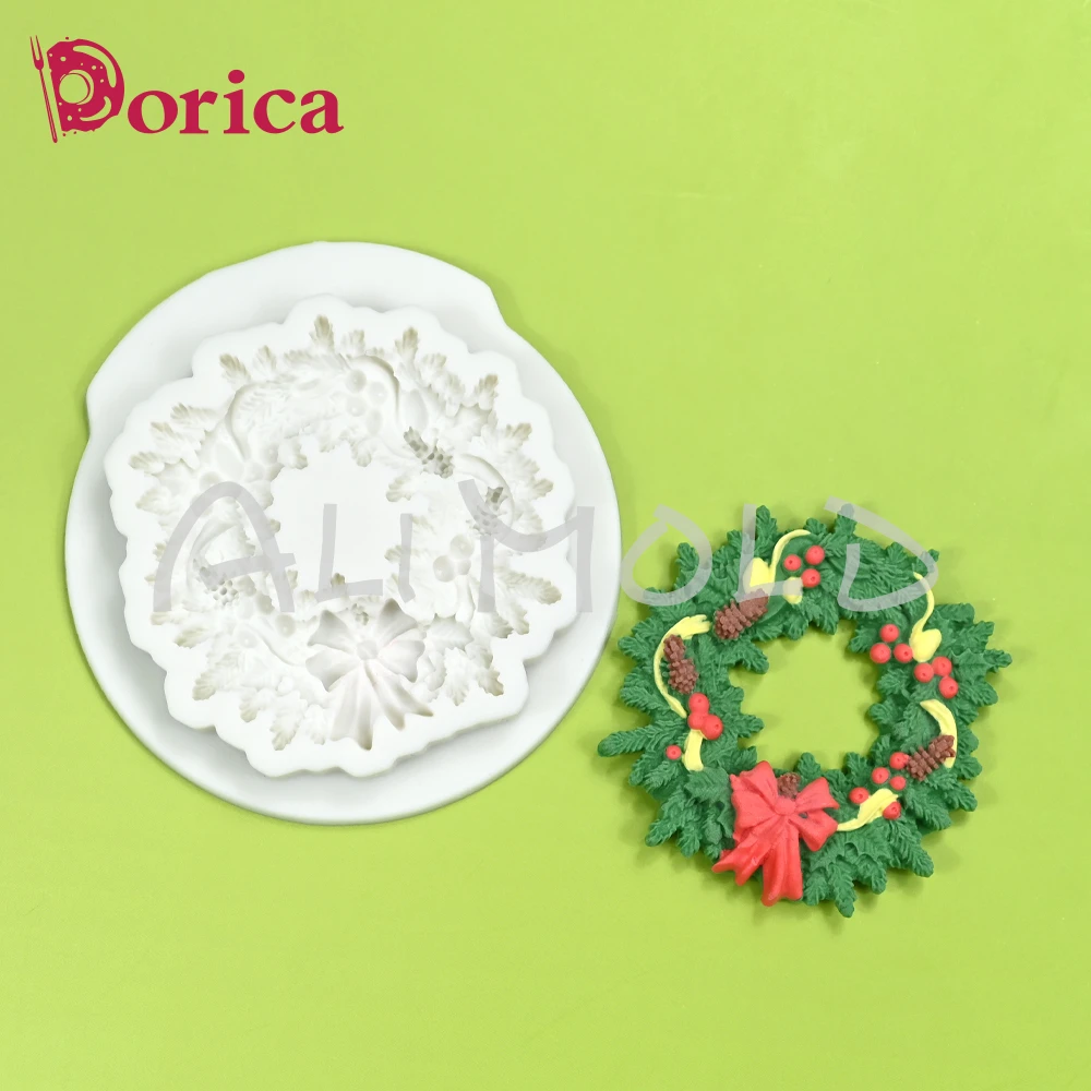 Holly Leaves Wreath Silicone Mold Fondant Sugar Chocolate Molds DIY Resin Clay Making Mould Christmas Cake Decoration Bakeware