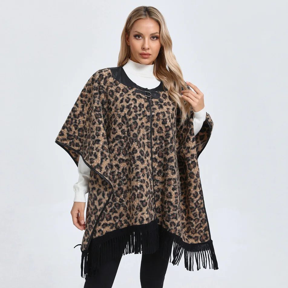 Fashion Classic Leopard Zebra Stripes Like Wool Cape Coat Women Autumn Winter Cloak Outerwear Leather Collar Wraps Long