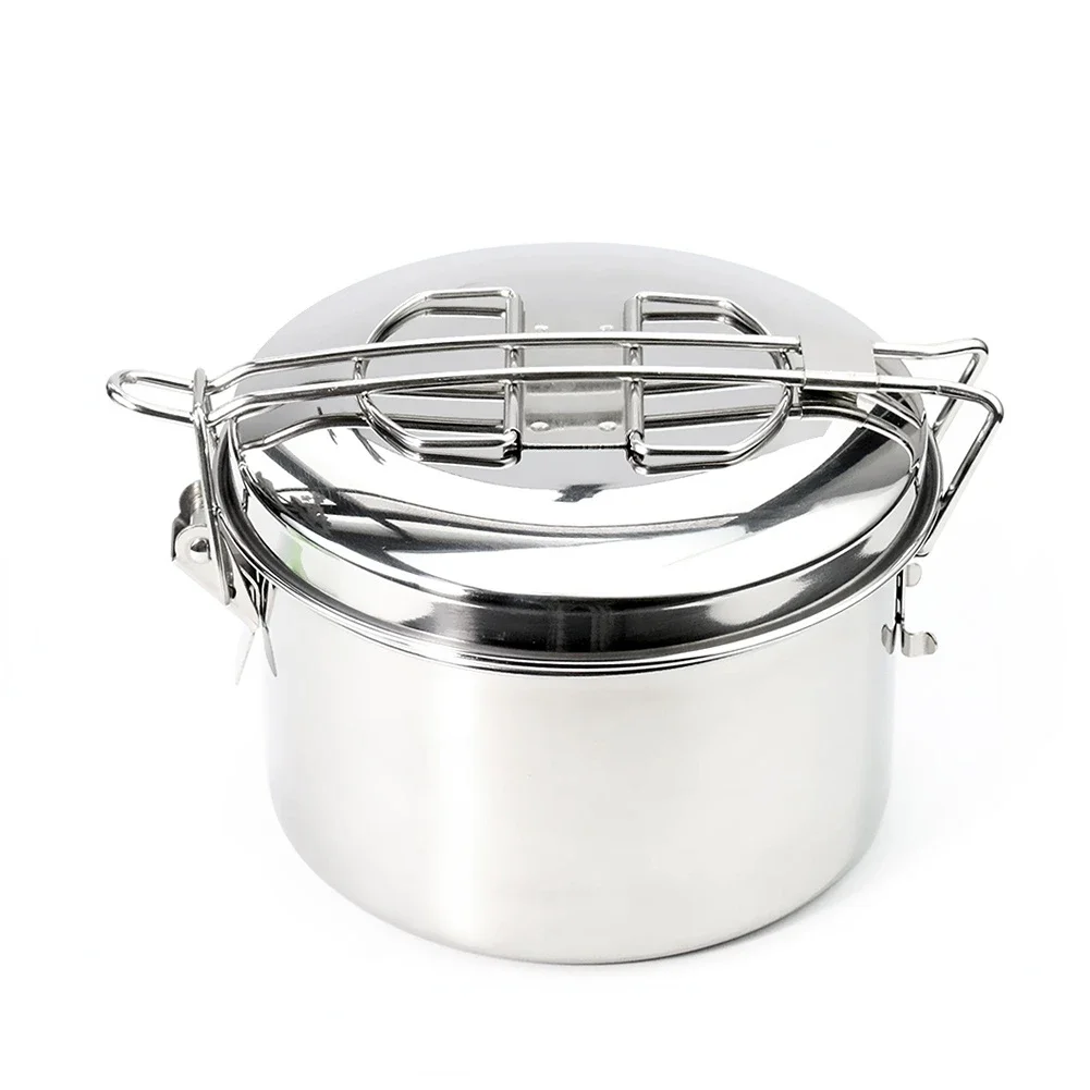 

tainless Steel Lunch Box 1200ml Outdoor Cooking Pots with Foldable Handle Camping Cookware Bento Food Container Picnic Tableware