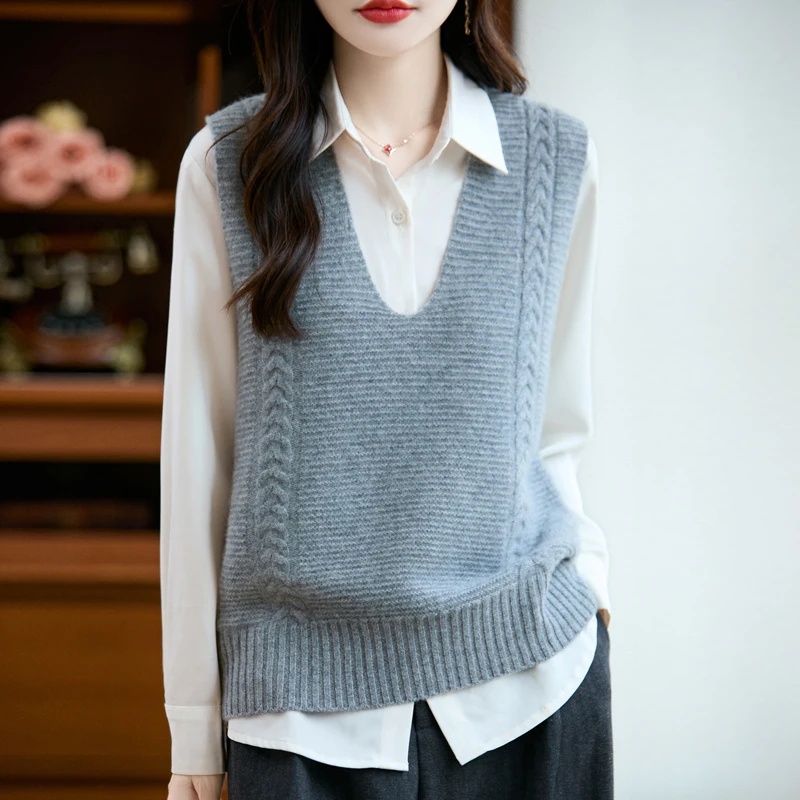 100%ピュアウール レディース 秋冬 セーターベスト 2025 ファッション Vネック ノースリーブ ニット プルオーバー ベスト 女性用 ルーズ ジャンパー トップス