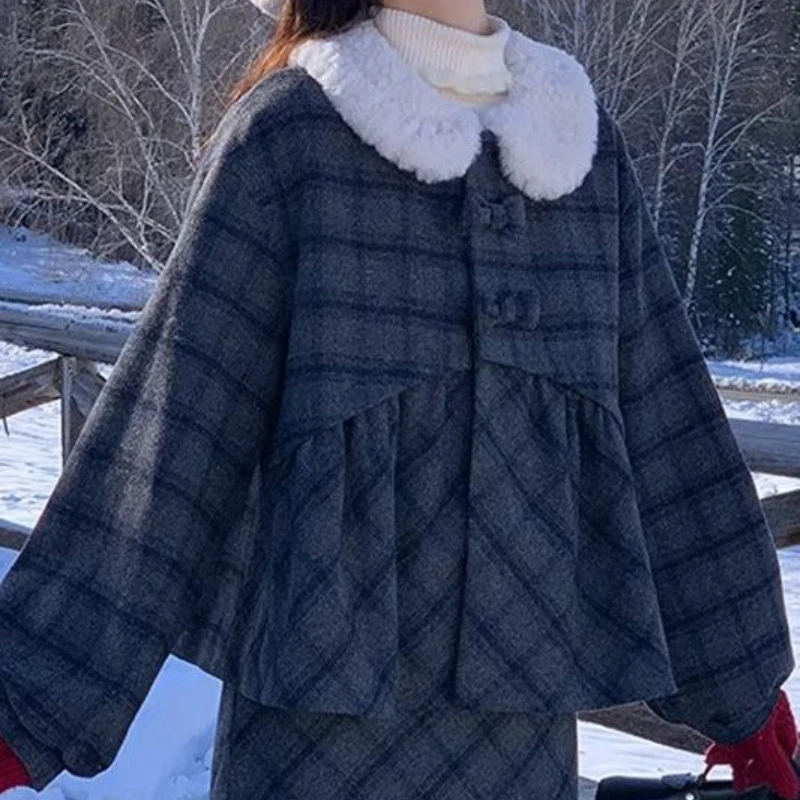 

Fall/Winter 2025 Design Sense Bow Plaid Wool Collar Coat Skirt Women's Japanese Suit