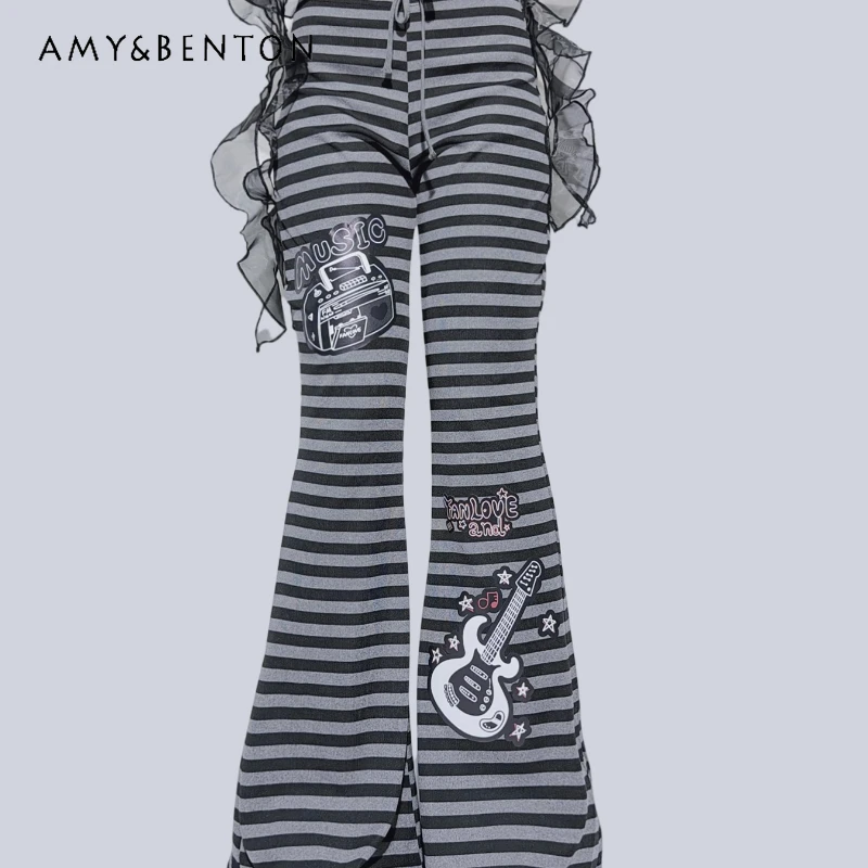 

Autumn Winter New Slimming Casual Women's Long Pants Retro Design Sweet Cool Striped Elastic Waist Lace-up Bell-bottoms Ladies