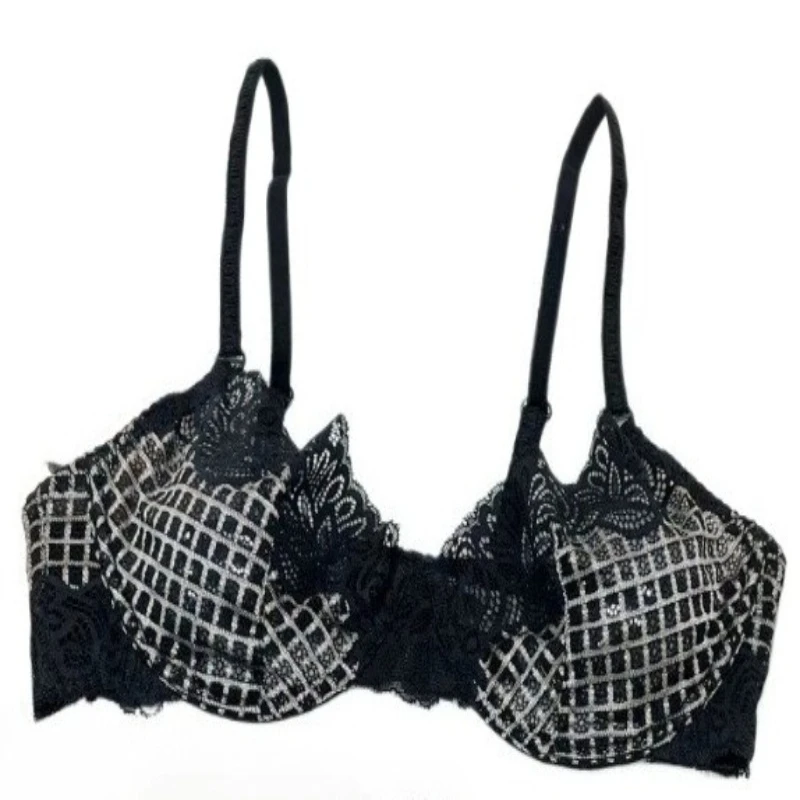 Hot Sale Women Plaid Lace Brassiere Kit Soft Underwire Ultra Thin Push‑Up Side Bulge Reduction Comfort Breathable Underwear Suit