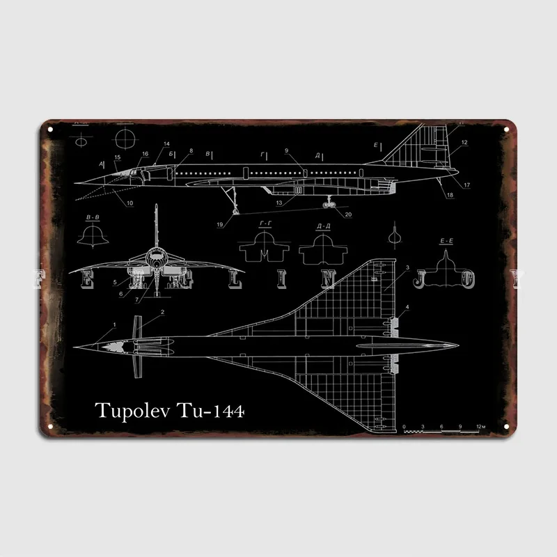 Tupolev Tu144 Blueprint Metal Sign Cinema Living Room Cave Pub Printing Garage Decoration Tin Sign Poster