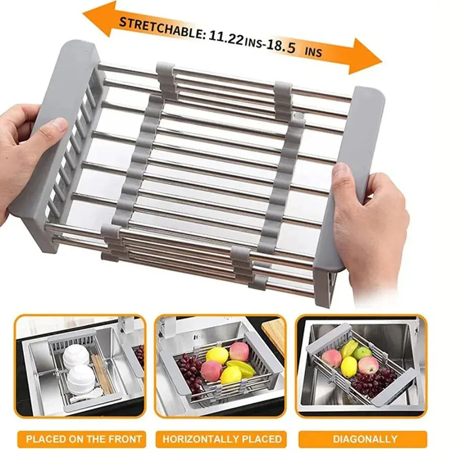 Adjustable Dish Drainer Stainless Steel Telescopic Drain Rack Fruit Vegetable Kitchen Organizer Sink Drain Perfect for Most Sink