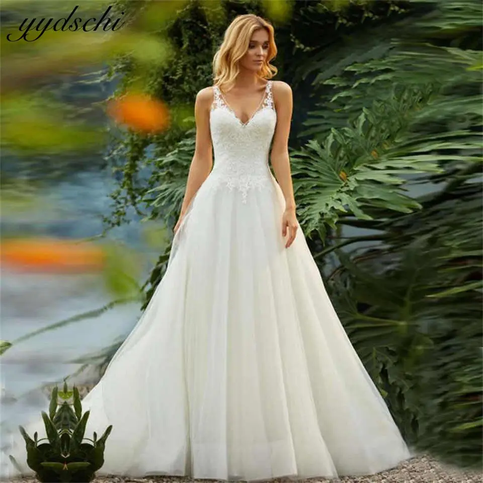 Eleganti applicazioni con scollo a v in pizzo Tulle a-line abiti da sposa senza schienale per donna 2024 abiti da sposa con strascico vestidos de novia