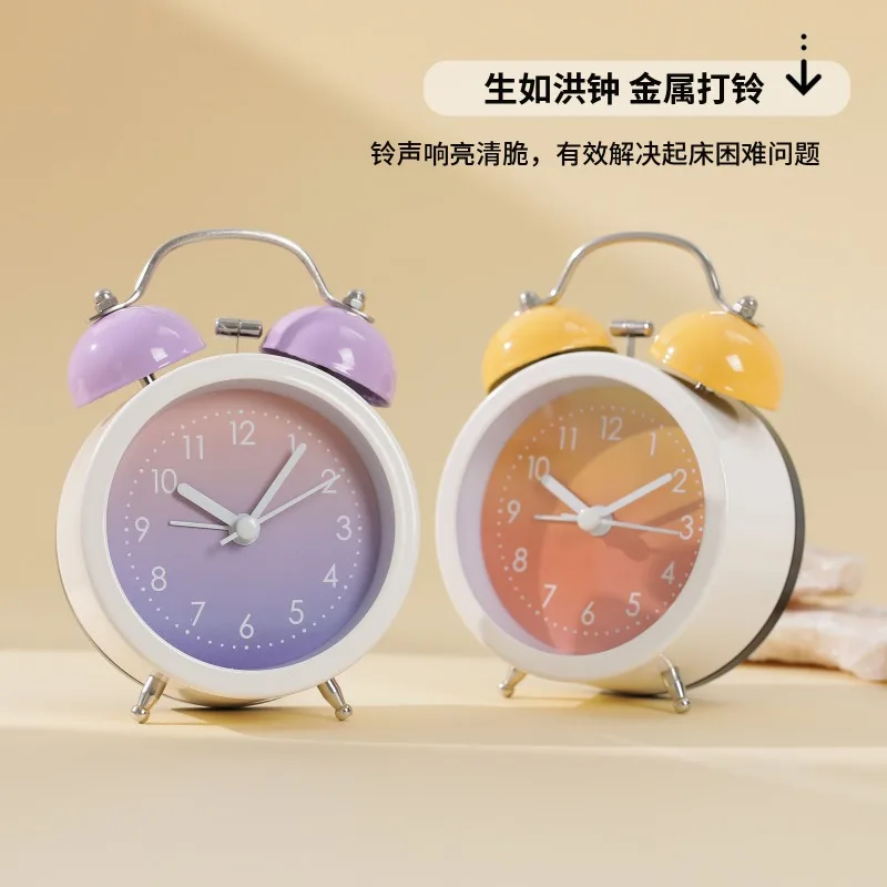 

Creative Gradient Color Alarm Clock Korean Cartoon Colorful Metal Decorative Table Clock Silent Sweep Quartz Watch Loud Volume