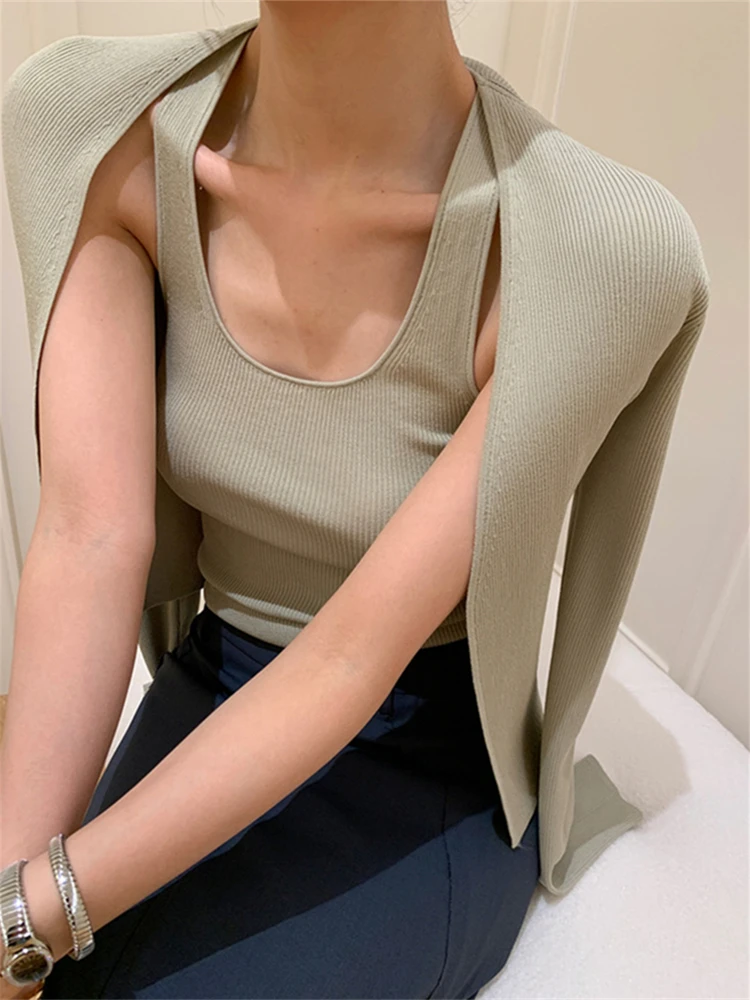 2024 Two Pieces Set Vest Cardigan T-Shirt Autumn Women Female T Shirt  Tee Ladies Tops Solid Cotton Sexy Slim Spring Skinny Tops