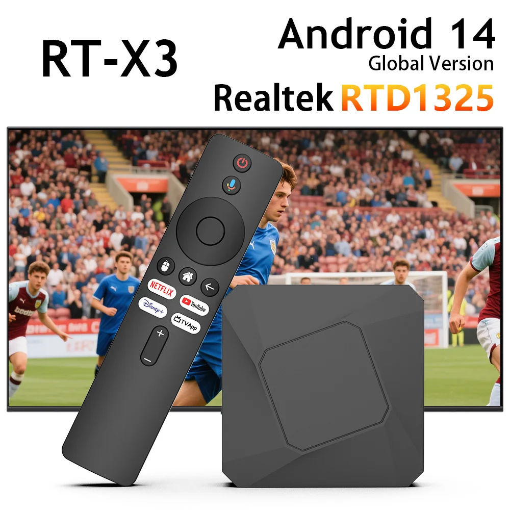 

ТВ-приставка RT-X3 ATV System на Android 14 с процессором Realtek1325, 4K HD, 5G Wi-Fi, 4 ГБ ОЗУ, 32 ГБ ПЗУ и голосовым пультом ДУ с Bluetooth