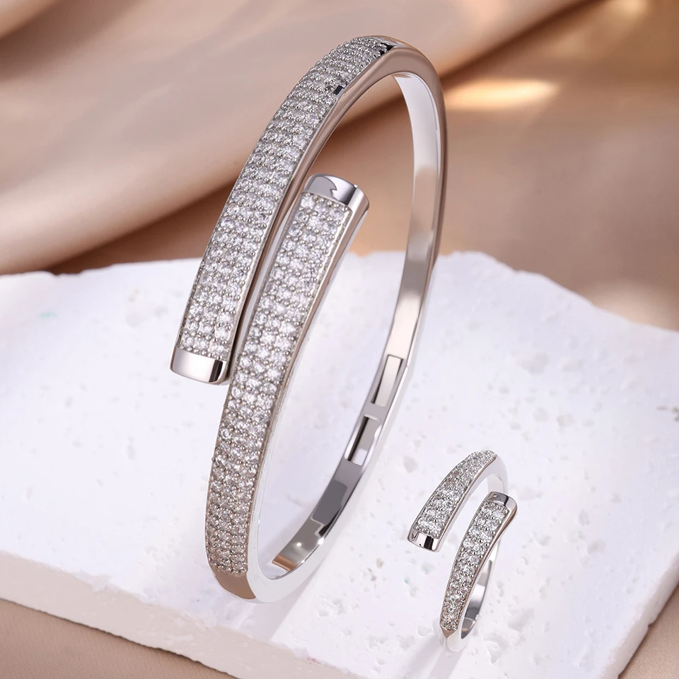 Yupsk Neues luxuriöses, elegantes, silberfarbenes, goldfarbenes Kupfer-Armband-Ring-Set für Frauen, funkelnder, brillanter Zirkon-Schmuckzubehör – Detail 3