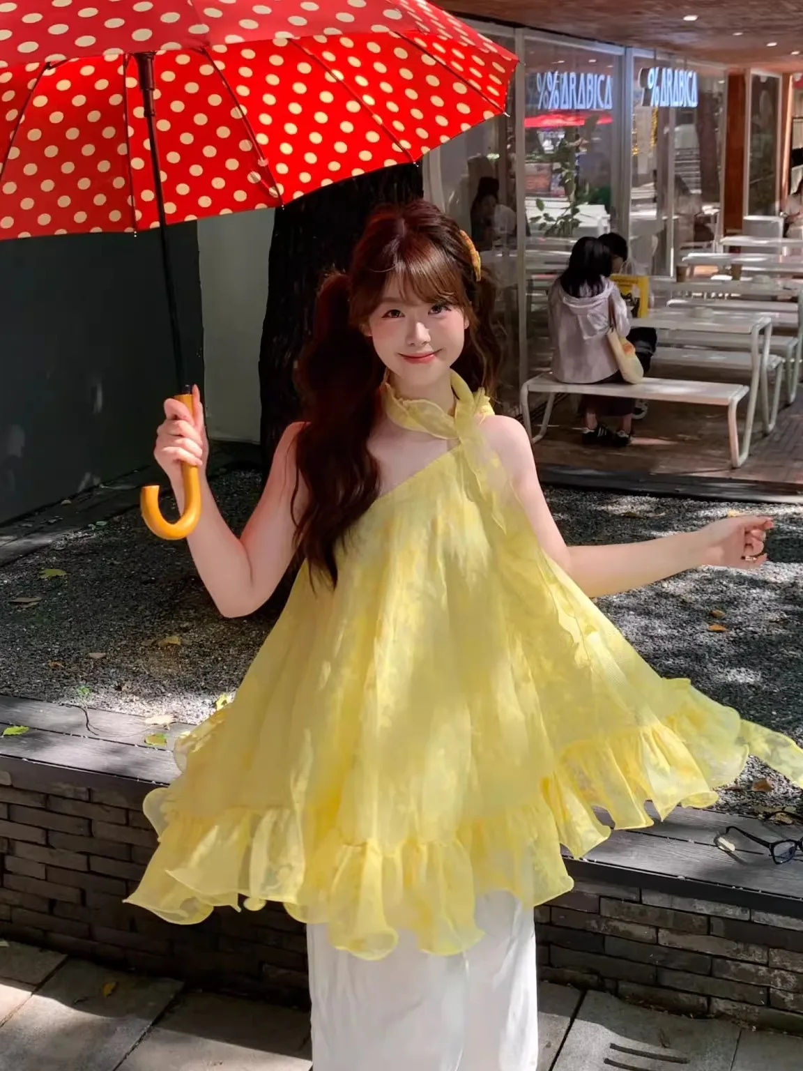 تنورة صيفية صفراء بحزام على شكل كتف دكتور للنساء لقضاء العطلات على الشاطئ والليمون الجنية ort Dr Beautiful Princ Sle High Wa... #1