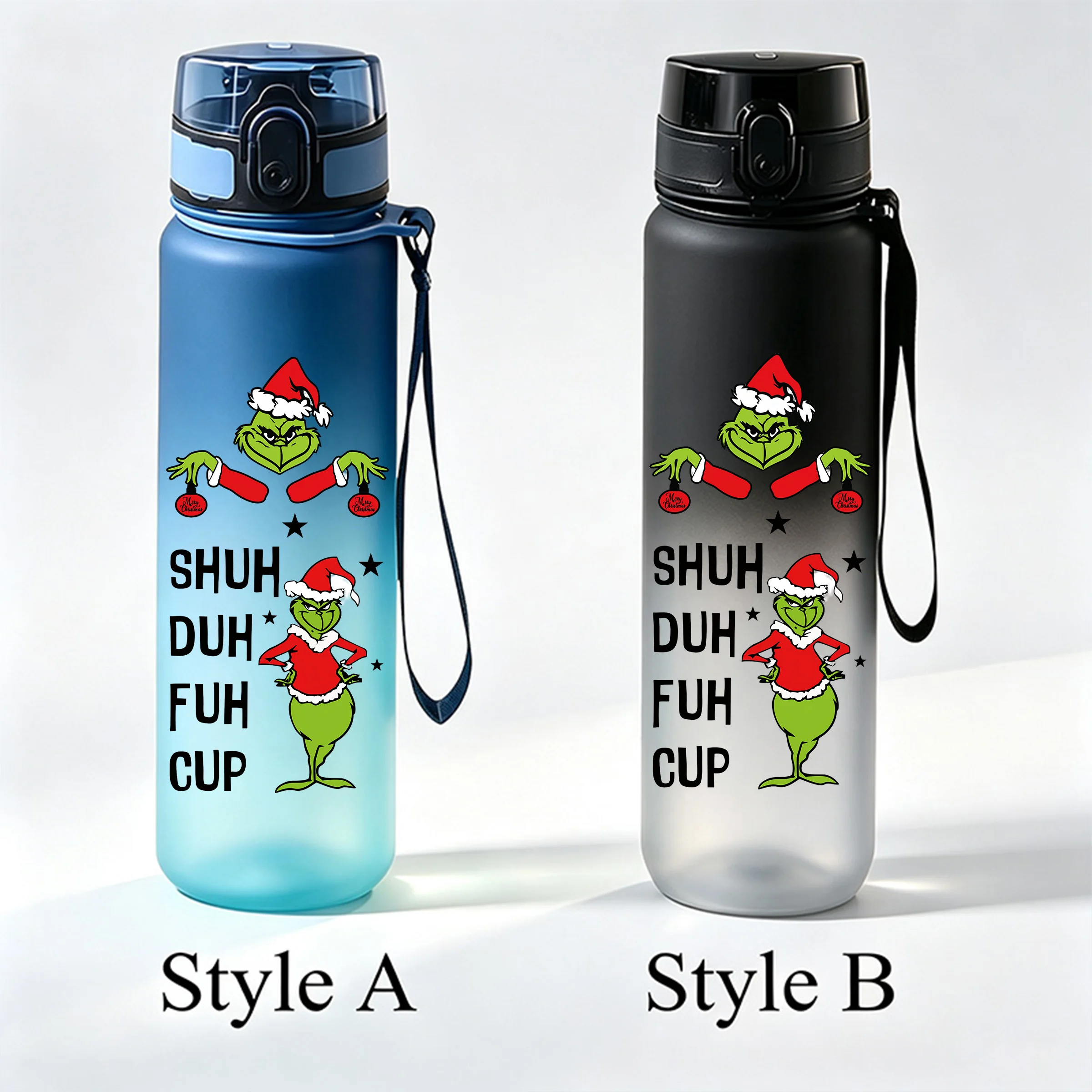 650ml The Grinch Christmas Bouncing Lid Water Cup, Gradient Frosted Leak‑proof Portable Sports Drinking Bottle with Lanyard