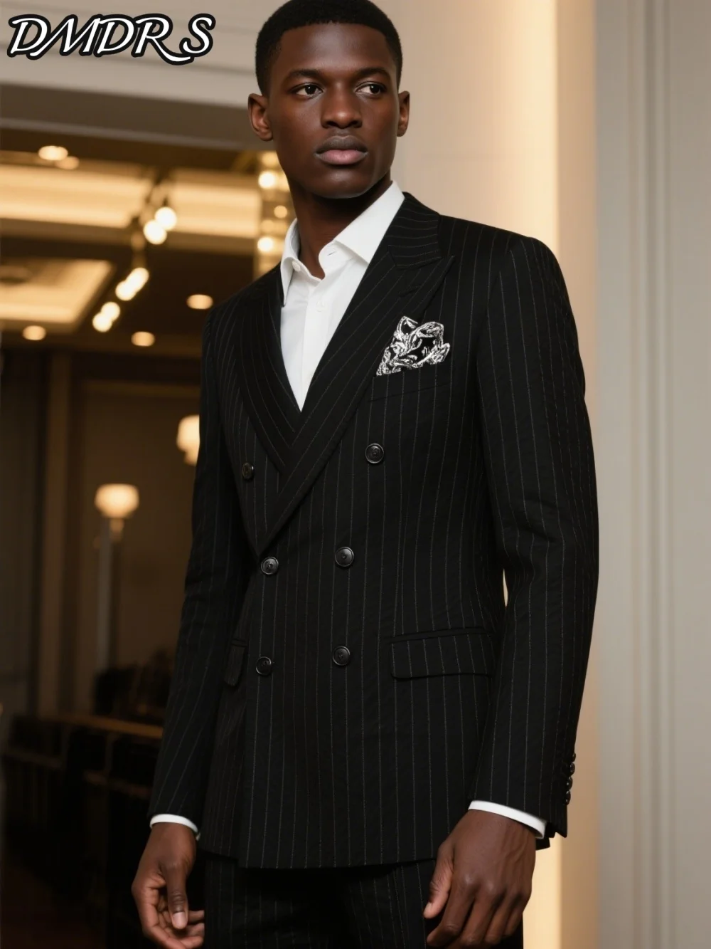 

Classic Black Striped Double-Breasted Men's Suit For Wedding & Business - Formal Groom Suit Set With Classic Jacket And Pants