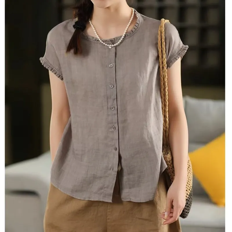 

Women's Linen irt Summer Thin Design Retro Single Button ort Sve ort Sle Top round Ne Cotton Blend Commute Sle