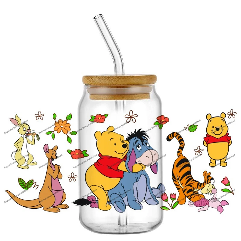 Hotsale UV DTF 3D Lovely Retro Winnie Pooh Stickers 16oz Glass Can Cup Waterproof Handicrafts Transfer Wrap Coffee DIY Decals