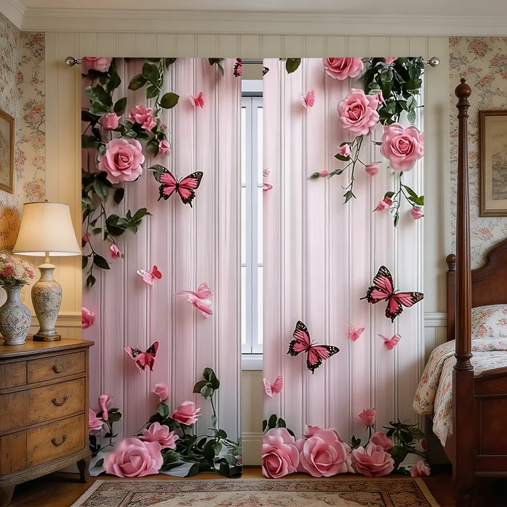 2PCS Digital Printed Curtains, Butterfly Pink Rose Romantic Botanical, Rod Pocket Window Drapes for Living Room Bedroom Decor