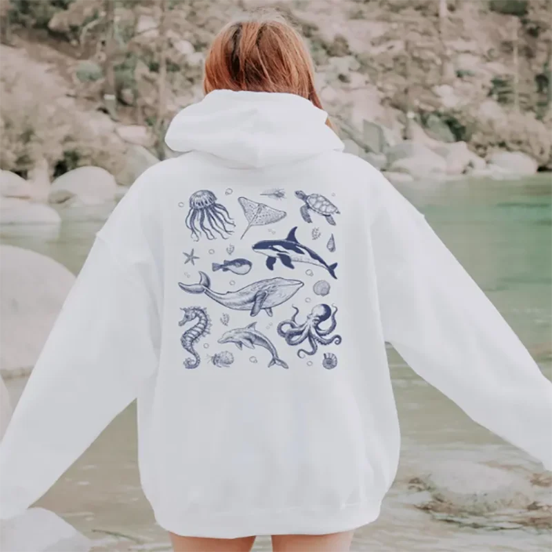 Oversize Trendy Sea Animals Hoodie Ocean Life Save The Shark Beach Sweatshirt For Sea And Animal Lovers Casual Unisex Hooded Top