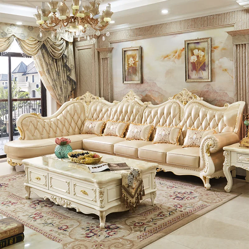 غرفة معيشة زاوية، أريكة فنية جلدية جديدة فاخرة مكونة من 7 أحرف على شكل حرف L من الخشب الصلب المنحوت على شكل زهرة 2024