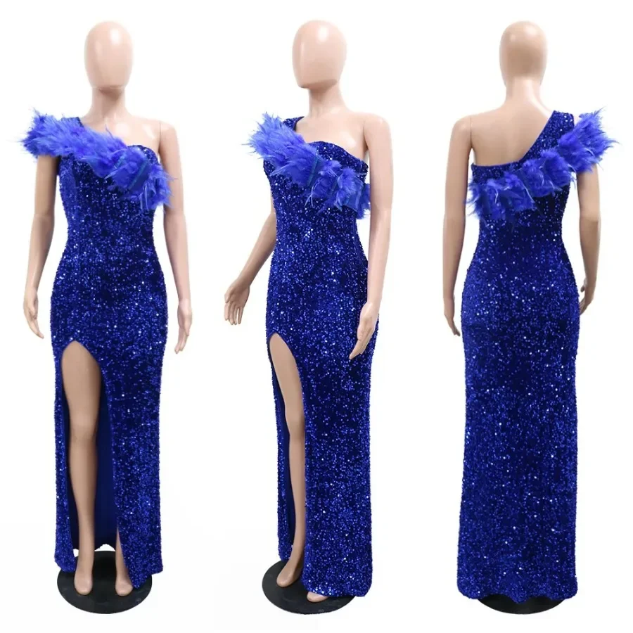 Customized Shiny Sequins Mermaid Evening Dresses One Shoulder Sleeveless Women Prom Gowns Luxury Feathers Sexy Side Split Party