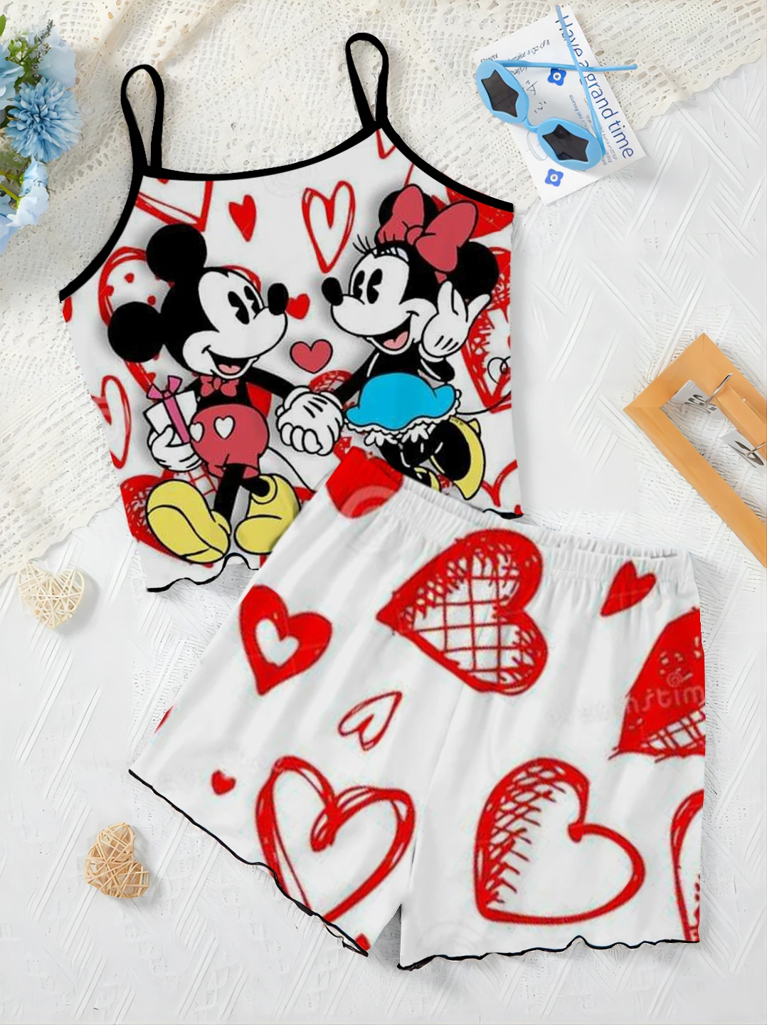 Slip Dress pigiama gonna lattuga Trim Mickey t-shirt abito da donna Disney Minnie Mouse Short set Top Pieces elegante Disney Mickey