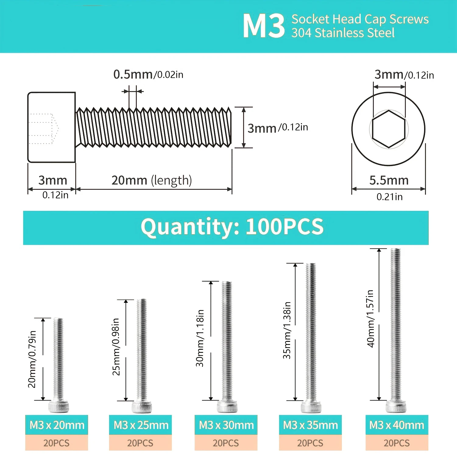 100-teiliges Kombinationsset M3 x 20 mm 25 mm 30 mm 35 mm 40 mm. 125-teiliges Kombinationsset M3 x 8 mm, 12 mm, 16 mm, 20 mm, 25 mm Sechskantschraube