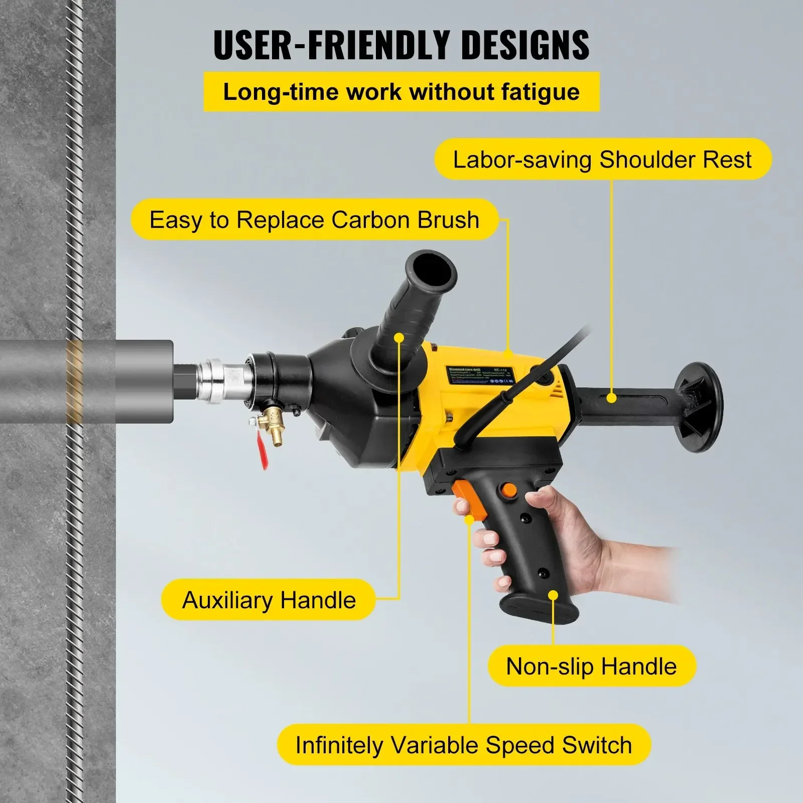 Diamond Core Drill, for 1880W 4'/110 mm, 1700RPM Variable Speed Core Rig with Portable Case Handheld Drilling Machine