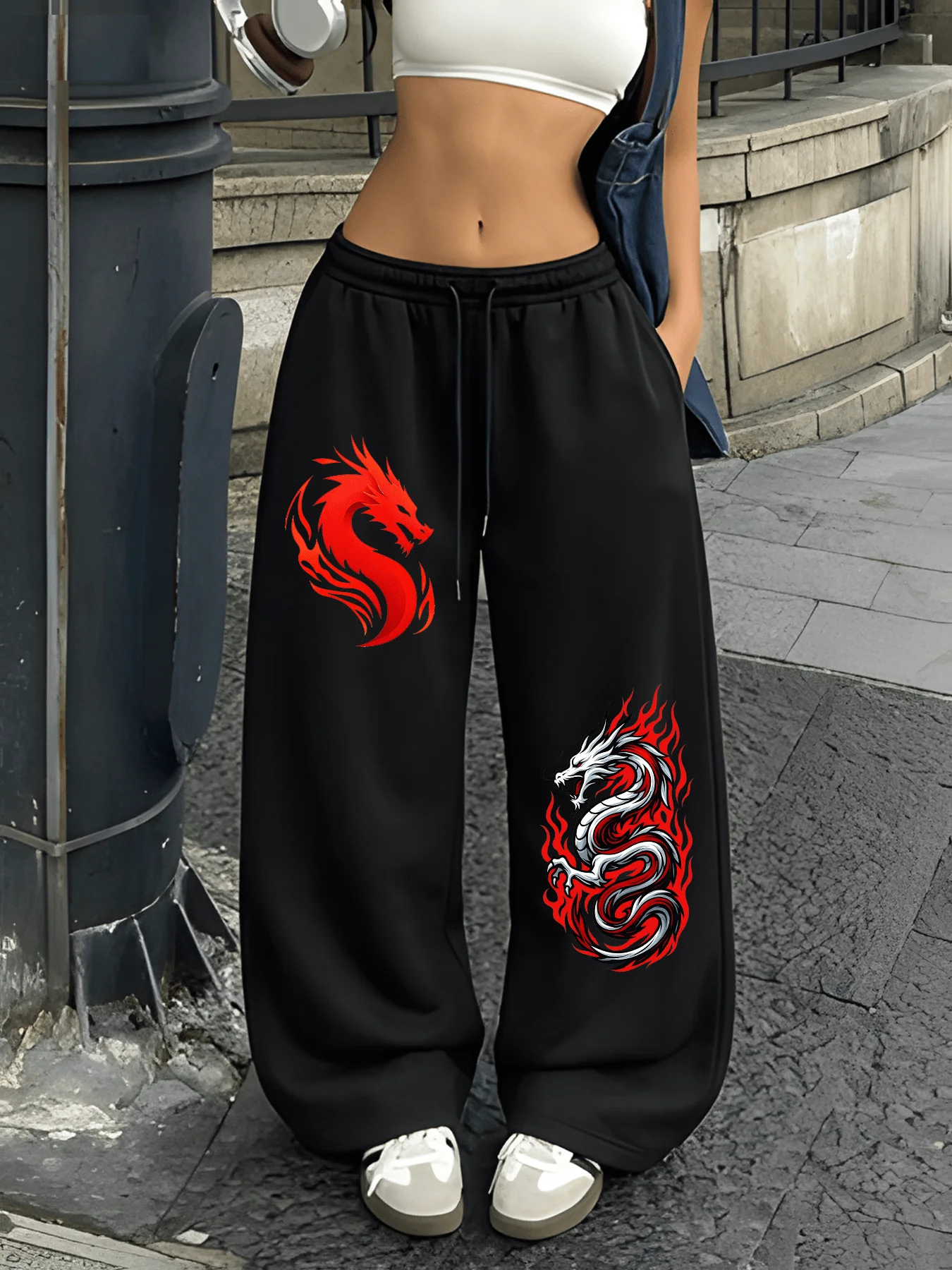 Women's Dragon Print Fleece Sweatpants for Autumn and Winter Warm Casual Loose Stylish and Versatile Streetwear Trendy