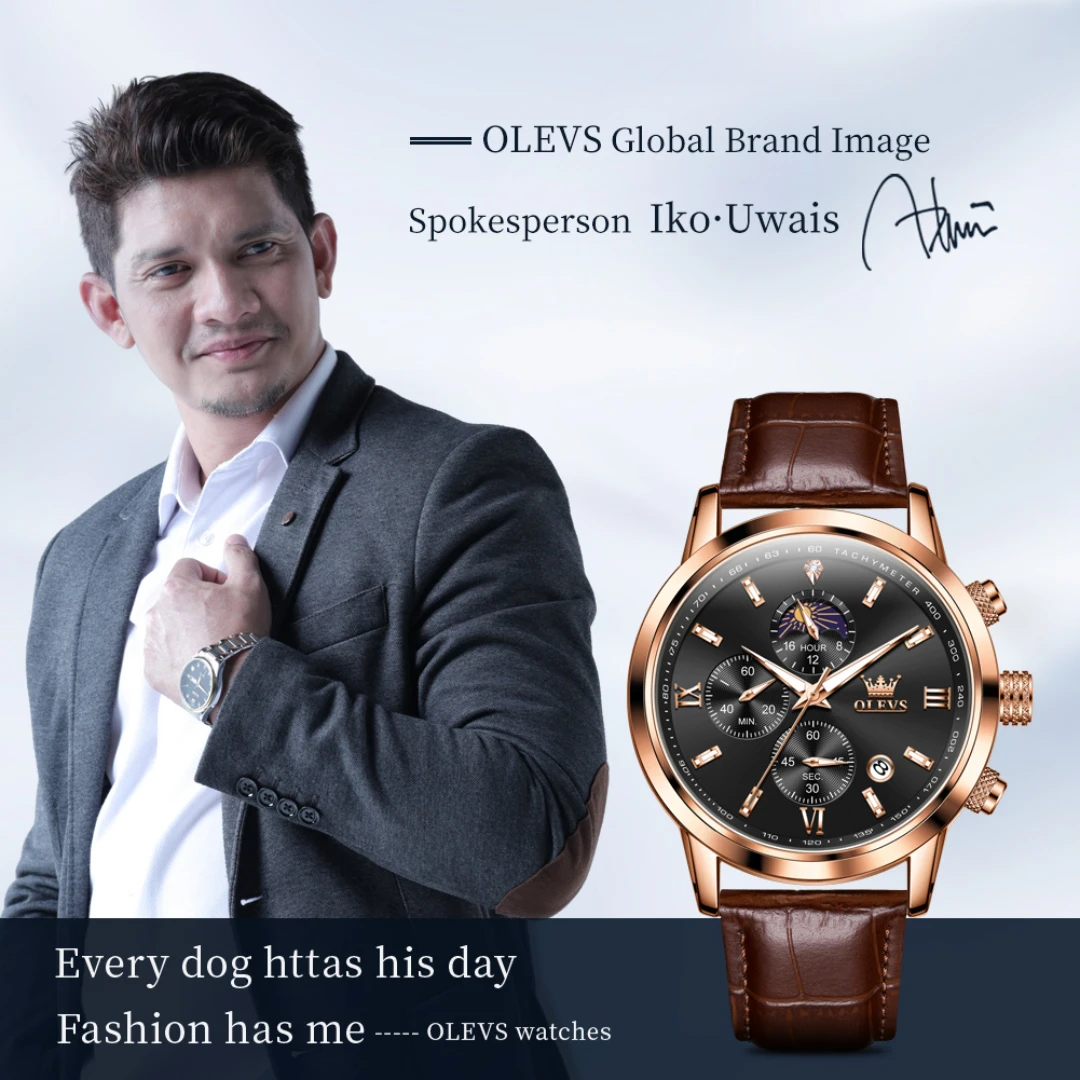 OLEVS 9812 quartz modehorloge cadeau lederen horlogeband met ronde wijzerplaat polshorloge maanfase kalender lichtgevende timer