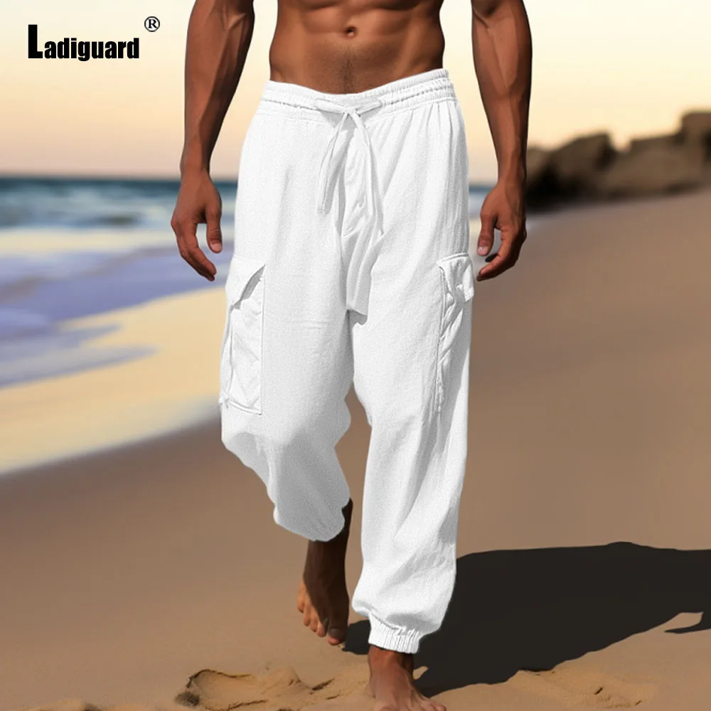 

Men Elegant Cotton Linen Bloomers Stand Pocket Trousers Plus Size Mens Ankle-Length Pants Solid White Black Elasitic Waist Pants