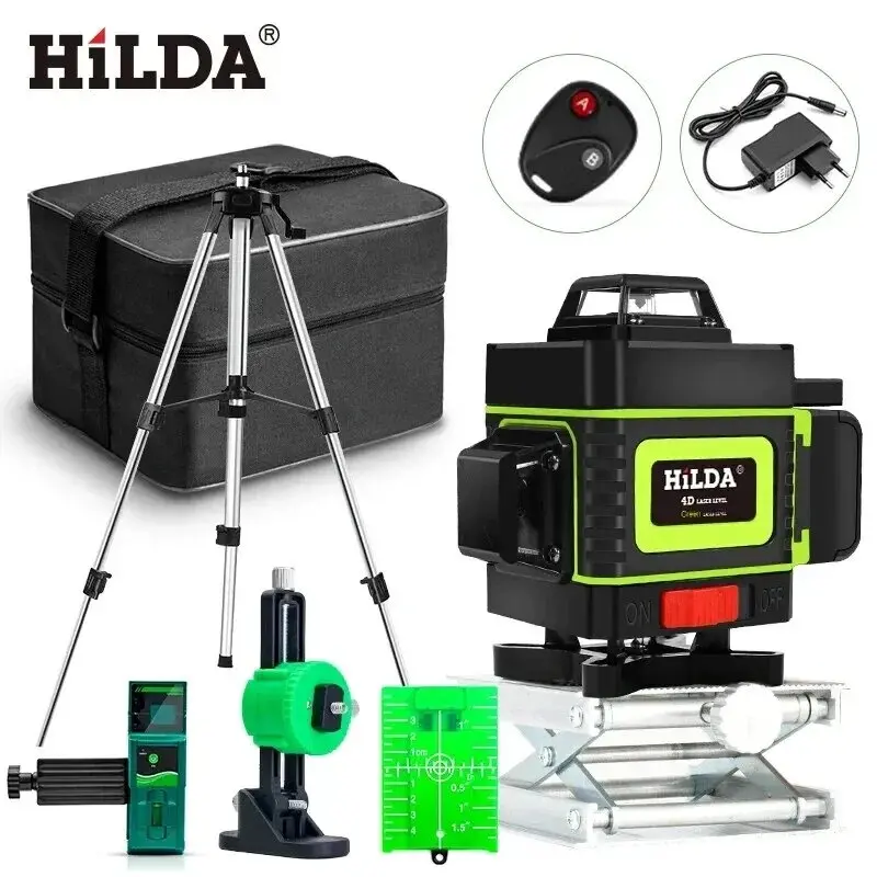 Hilda 16 Lines 4D Laser Level  Green Laser Beam Self-Leveling 360 Vertical Horizontal with Receiver Tripod