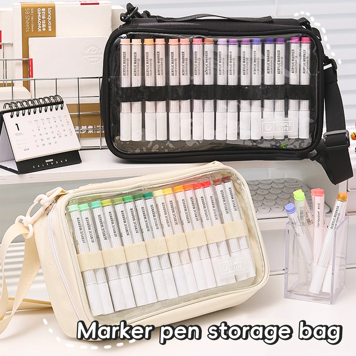 1pcs Marker Pens Specific Storage Bag Pencil Case, Transparent Simple Color Easy Carry-on Handbag, Large Capacity for 64 Pens