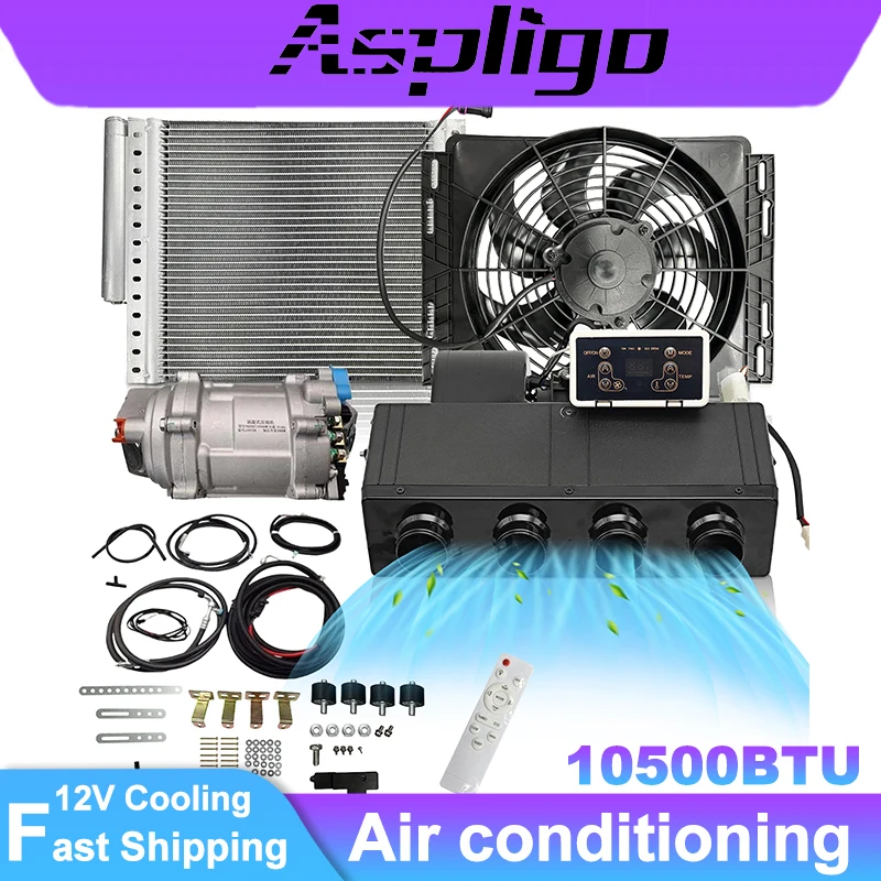 

Aspligo Remote Contro 12V Electric Car Air Conditioning Under Dash AC For Trucks Campers Motorhomes Fast Cooling Quiet Operation