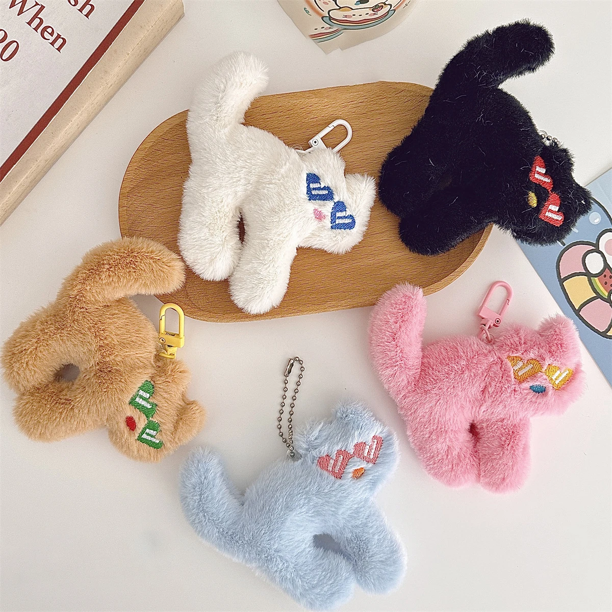 KeyChain Cute Funny Plush Sunglasses Cat Doll Keyring Kawaii Cartoon Stuffed Backpack Pendant Key Chain Toys Birthday Gifts ﻿