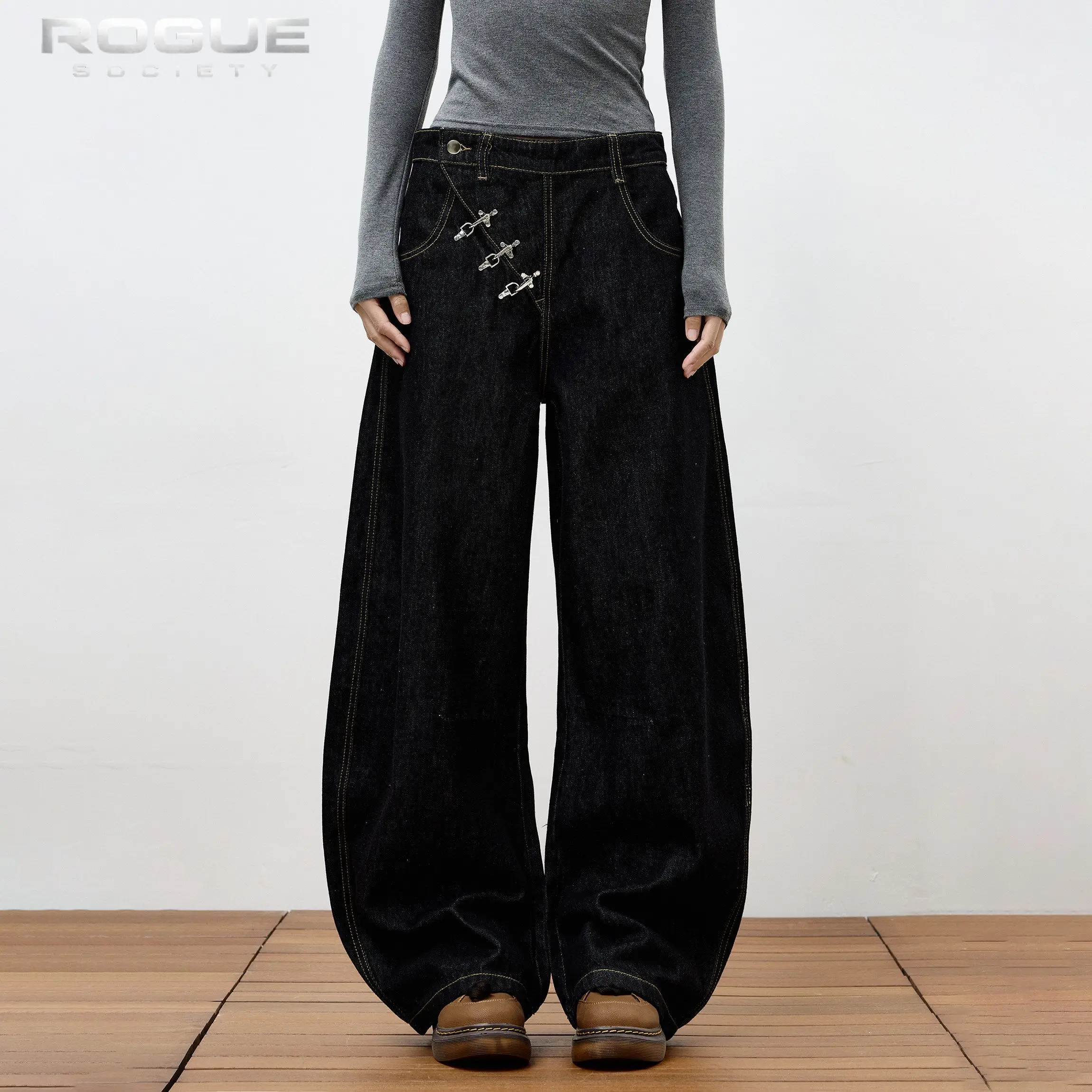 Calça Jeans Feminina Wide Leg de Denim Cru Estilo Hip Hop Retrô com Fivela de Avião e Barra Curva, Comprimento Longo, Roupa Streetwear para o Dia a Di