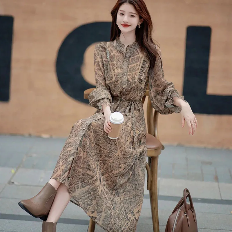 Long Sleeve Dress Women French Style Retro floral Print Dresses All-match Chic Leisure Elegant 2024 Autumn Casual Vestido Female