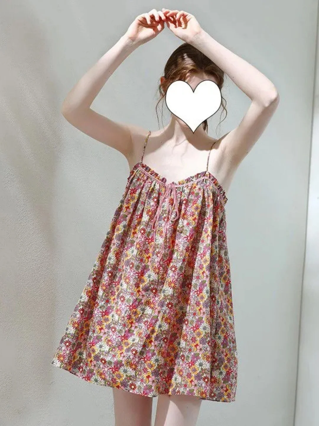 

Sweet Style Summer Lightweight Breathable Floral Print Sleep Dress Short Home Skirt mid Length Sleeveless One Shoulder Design