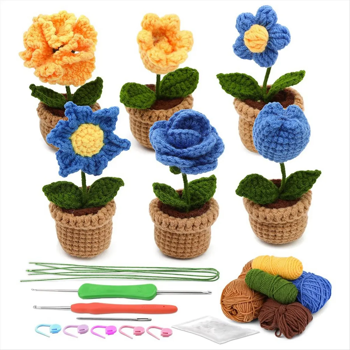 ABCD 6Pcs Crochet Potted Flowers Kit,Complete Crochet Kit for Beginners Adults with Step-By-Step Instructions Video Tutorials