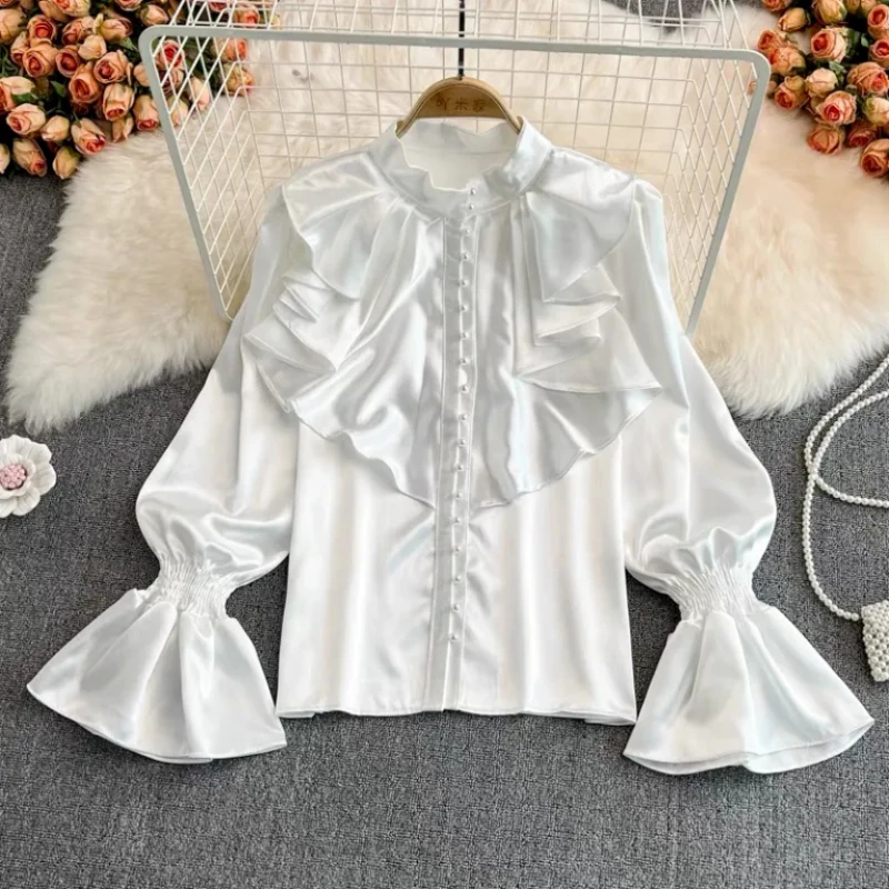 Y2k French Elegant High-End Slim Vintage Half High Collar Flare Sleeve Women Shirts 2000s Autumn England Style Pure Color Blouse