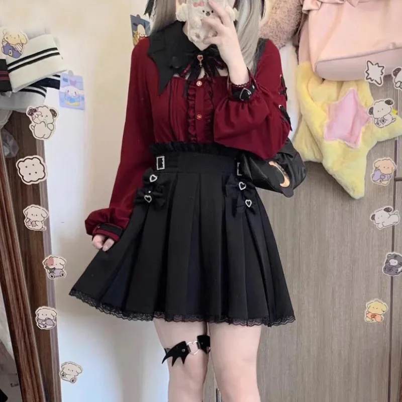 Camisa gótica Lolita para mujer, Blusa de manga corta con cuello de encaje de murciélago Harajuku, color negro y rojo, estética Y2k, ropa elegante y dulce